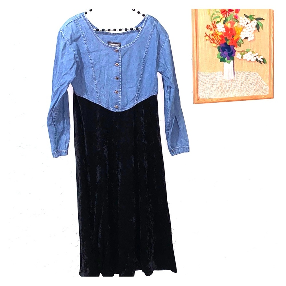 Vintage 90s Witchy Denim and Black Velvet Dress